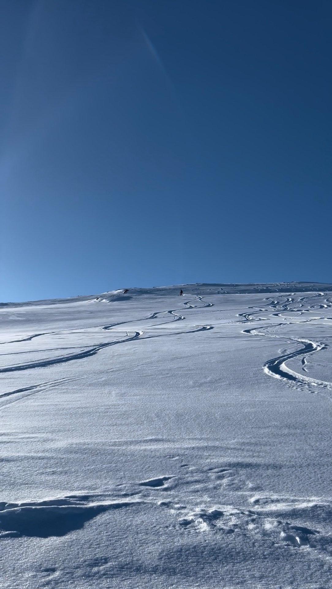 Abfahrtsspuren im unberührten Schnee am Hang des Rundkollen